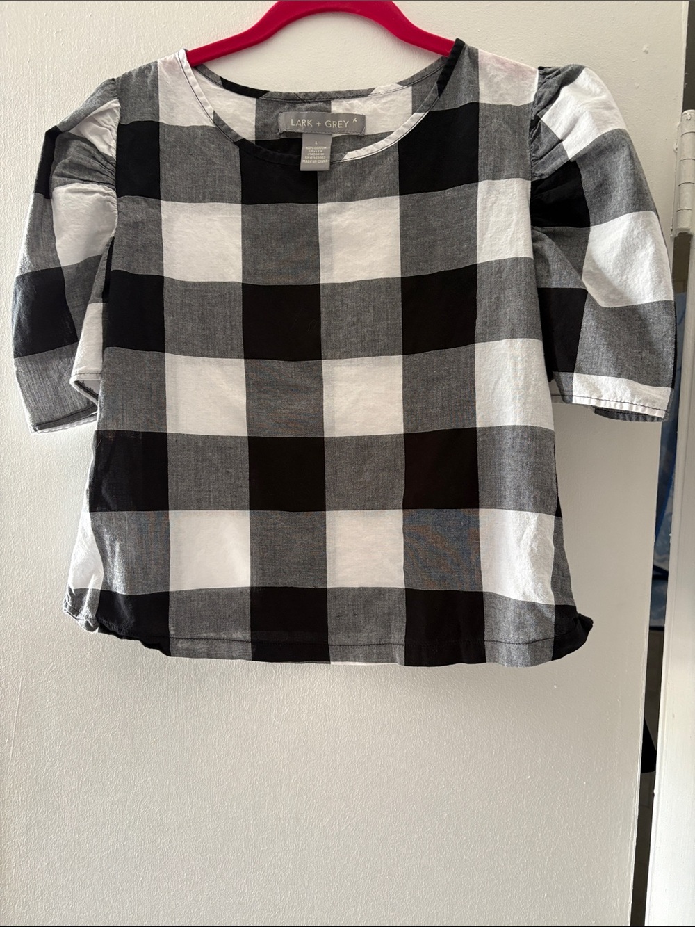 Lark + Grey Black & White Buffalo Check Puff-Sleeve Blouse